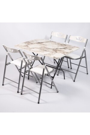 70x110 Beyaz Mermer Desenli Katlanır Masa Ve 4 Adet Sandalye Seti 1128 - 1