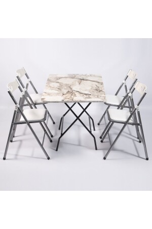 70x110 Beyaz Mermer Desenli Katlanır Masa Ve 4 Adet Sandalye Seti 1128 - 4