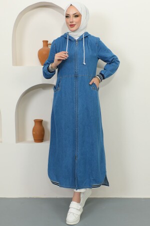 7812 Denim-Cape mit Taschendetail und Kapuze in Marineblau - 1