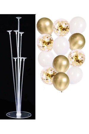 7'li Balon Standı ve 10 Adet Gold-Beyaz-Şeffaf Konfetili Balon Set - Patladı Gitti