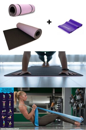 8-5 mm Çift Taraflı Pilates Matı Kamp Minderi ve Direnç Bandı Egzersiz Lastiği ( 2'li Pilates Seti ) - 1