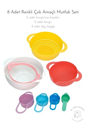 8-teiliges buntes Mehrzweck-Küchenset – 2 Rührschüsseln / 2 Stück Sieb / 4 Stück Messlöffel AAKSET001 - All About Kitchen