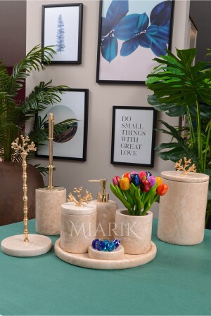 مـنز-تزيين بيج الرخام الذهبي مرجان التفاصيل 8 قطع حمام مجموعة BEJ8GOLDMERCAN - MIARIK DESIGN & DEKORASYON