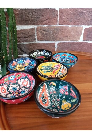 8 cm Kazıma Desen 6'lı Çini Seramik Kase Seti %100 El Yapımı Rengarenk Sunumluk Çerezlik Set TYC00554246933 - Ecesen