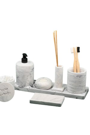 8-teiliges Beton-Badezimmer-Set, Seifenspender für feste Flüssigkeiten, Zahnbürstenhalter, Kerzenhalter, Räuchergefäß, Tablett, Präsentation, Baumwollbox - 5