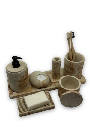 8-teiliges Beton-Badezimmer-Set, Seifenspender für feste Flüssigkeiten, Zahnbürstenhalter, Kerzenhalter, Räuchergefäß, Tablett, Präsentation, Baumwollbox - 3