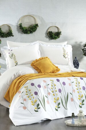 8-teiliges botanisches Doppelbett-Bettbezug-Set mit bunter Blumenstickerei und Mikrokamm-Tagesdecke SRBNHMNAK1BTN - 1
