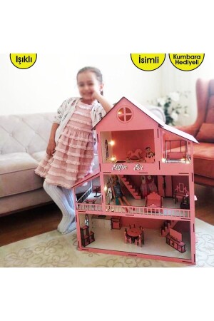 80 cm großes beleuchtetes Holzspielhaus mit Namen (rosa) - 1