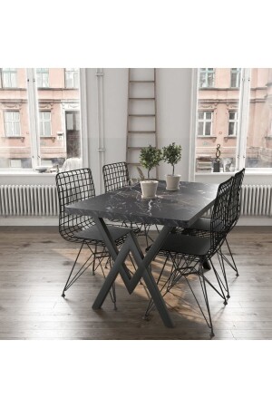 80x120 Serap Tel Kafes 4 Kişilik Siyah Mermer Görünümlü Mutfak Masası Yemek Masası Cafe Masası - 1