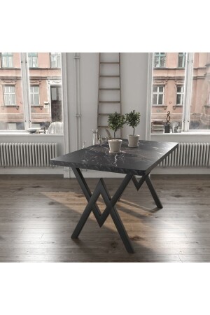 80x120 Serap Tel Kafes 4 Kişilik Siyah Mermer Görünümlü Mutfak Masası Yemek Masası Cafe Masası - 2