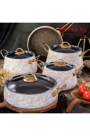 9 Parça Brown Taş Mermer Desenli Lüks Bakraç Tencere Seti - Evren