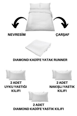 9 Parça Diamond Kadife Yatak Runner Örtülü Penna Çift Kişilik Pudra Nakışlı Pamuklu Nevresim Takımı STCKHMNEV1PN - 7