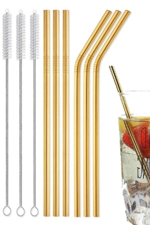 9 Parça Gold Metal Pipet Paslanmaz Çelik Meşrubat Pipeti Çubuk Pipet Temizleme Fırçası - 2