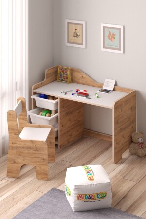 منز - طاولة ألعاب الأطفال 90x45 سم 3 صحون طاولة دراسة الأطفال مع كرسي الوقوف على الظهر 0041 - MİRACLE 3D