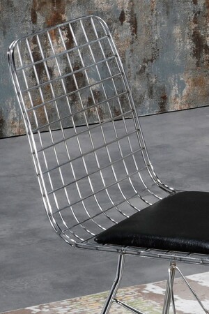 90x90 Elena 4 Kişilik Siyah Mermer Görünümlü Metal Mutfak Masası Takımı-gümüş Tel Sandalyeli - 4