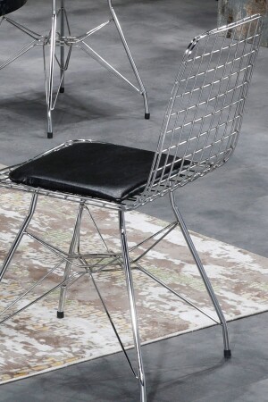 90x90 Elena 4 Kişilik Siyah Mermer Görünümlü Metal Mutfak Masası Takımı-gümüş Tel Sandalyeli - 5