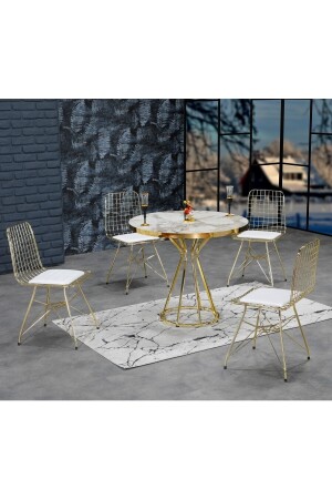 90x90 Ella 4-Personen-Küchentisch-Set aus weißem Metall in Marmoroptik mit goldenen Drahtstühlen 90x90 cm AVVİO543 - 1