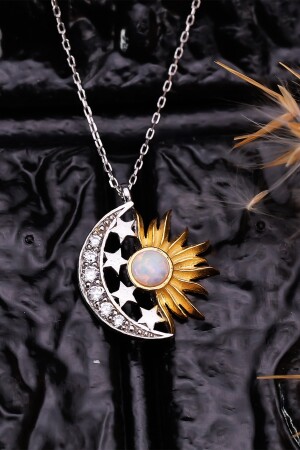 925 Ayar Gümüş Opal Taşlı Ay Güneş Tasarım Kolye Bys1063 - 1