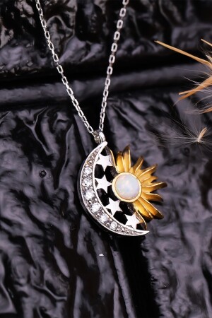 925 Ayar Gümüş Opal Taşlı Ay Güneş Tasarım Kolye Bys1063 - 4