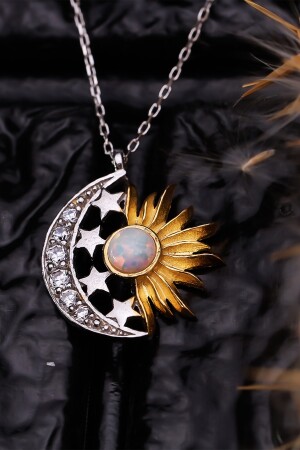 925 Ayar Gümüş Opal Taşlı Ay Güneş Tasarım Kolye Bys1063 - 6