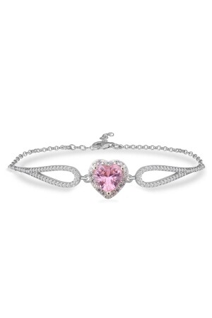 925 Ayar Gümüş Swarovski Pembe Kalp Bileklik - 2