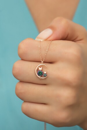 (منز) القطة على القمر قلادة مع 925 سبرلينغ فضية صوفية حجر توباس - Nereze