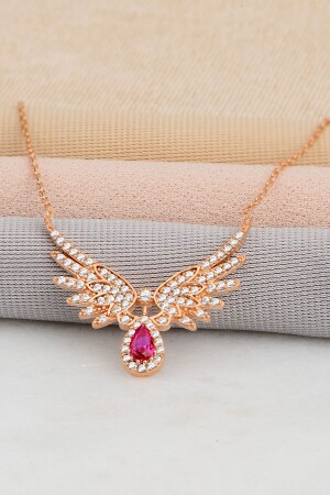 من 925 سدرلينغ الفضة سلسلة الوردة ملائكة ملصقة الأجنحة روبي الأحمر قطرة حجر العنق Ssedat005 - Bilsen Store