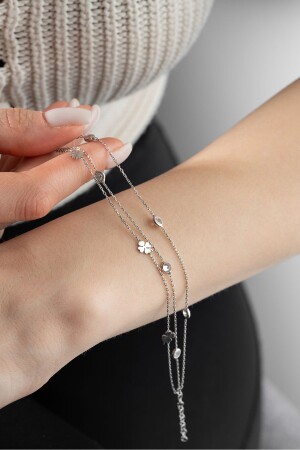 925 Sterling Silber 3-reihiges Kleeblatt-Armband mit Zirkonsteinen - 1