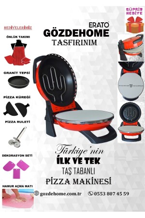 A. Kırmızı Erato Taşfırınım Pizza Makinesi, Lahmacun Makinesi Doğal Taş Fırın - Timer - 400 °c Taş900 - 1