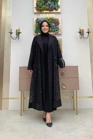 Abaya mit Spitzen-Guipure-Detail und Kragen, 7830 Schwarz - 2