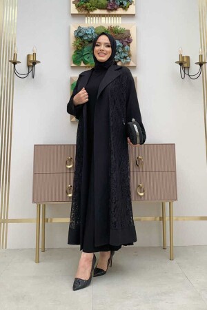 Abaya mit Spitzen-Guipure-Detail und Kragen, 7830 Schwarz - 3