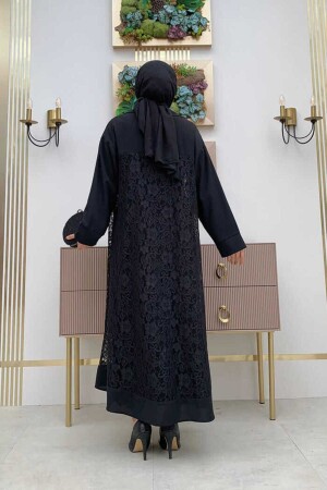 Abaya mit Spitzen-Guipure-Detail und Kragen, 7830 Schwarz - 4