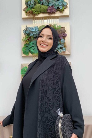 Abaya mit Spitzen-Guipure-Detail und Kragen, 7830 Schwarz - 5