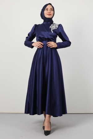 Abendkleid aus Satin mit gesteinigter Schulter, Marineblau 5041610 - 1