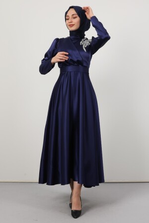 Abendkleid aus Satin mit gesteinigter Schulter, Marineblau 5041610 - 2