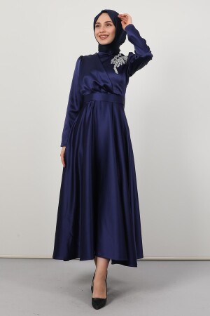 Abendkleid aus Satin mit gesteinigter Schulter, Marineblau 5041610 - 3