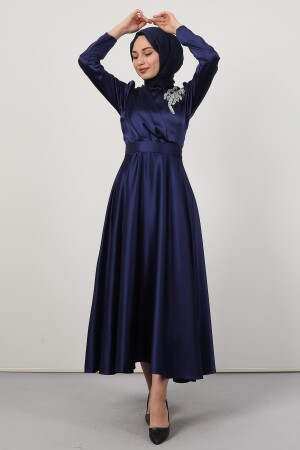 Abendkleid aus Satin mit gesteinigter Schulter, Marineblau 5041610 - 4