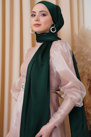 Abendkleid Janjan, glänzender Satin mit Struktur, Hijab-Abendkleid, Chiffon, smaragdgrüner Schal und 1 Janjan-Schal mit Schalträger - 2
