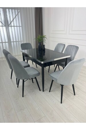 Açılabilir Yemek Masası Takımı Mdf Masa Takımı Siyah Mermer Desenli Yemek Masası - Kristal Evim