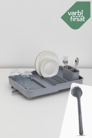 Açılır Kapanır Sürgülü Tabaklık Bulaşıklık Bulaşık Sepeti - Bulaşık Fırçası Set - Açık Gri - Varbifırsat