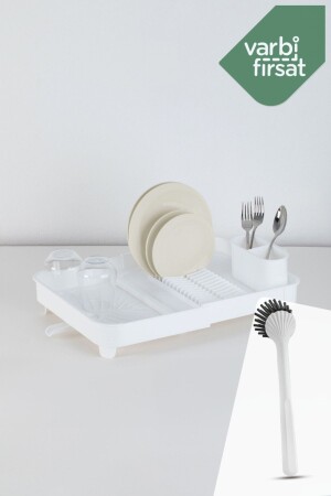 Açılır Kapanır Sürgülü Tabaklık Bulaşıklık Bulaşık Sepeti - Bulaşık Fırçası Set - Beyaz - Varbifırsat