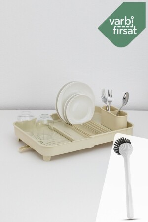 Zusammenklappbarer verschiebbarer Tellerständer, Geschirrkorb, Geschirrkorb – Spülbürsten-Set/Elfenbein – Creme VAR08 - Varbifırsat
