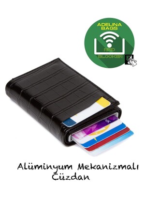 Adelina Black Crocodile Patterned Mechanism Automatic Slide Card Holder Wallet Crocodile Card Holder ADL2845 - 1