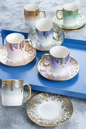 Adelina Çiçek Desen Gold Yaldız Renkli 6 Kişilik 90 ml Kahve Fincanı Takımı 0227 HXF-22-0227-12 - ACAR