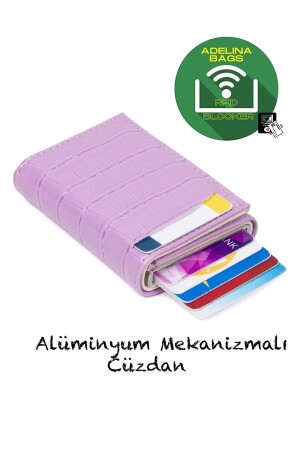 Adelina Lilac Crocodile Patterned Mechanism Automatic Slide Card Holder Wallet Crocodile Card Holder ADL2845 - 1
