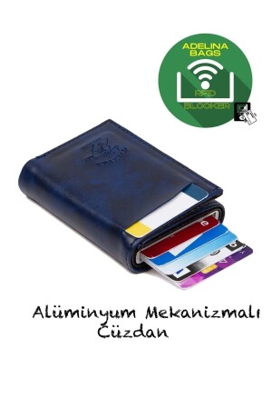 Adelina Navy Blue Crazy Leather Mechanism Kartenhalter-Geldbörse mit automatischem Schieber (7CMX10CM) ADL2845 - 1