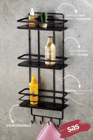 Adhesive Lifetime Kristall-Edelstahl-verstellbares Regal, Badezimmer-Organizer, Shampoo-Halter, Schwarz Lş-03 - 3