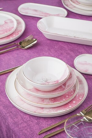 Adore 6 Kişilik 27 Parça Pembe Beyaz Çiçek Desenli Gold Yaldız Yemek Takımı 0490 XSH-21-0490-1Y - ACAR