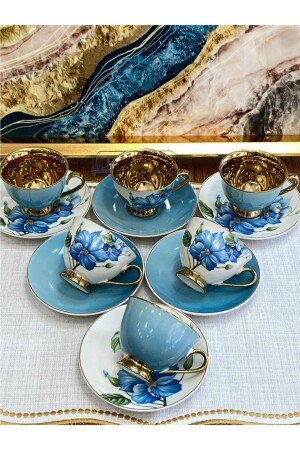 Aero Blue Gold Floral Porzellan-Kaffeetassen-Set für 6 Personen Harlem-745 HARLEM-740 - 1