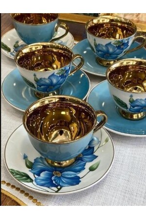 Aero Blue Gold Floral Porzellan-Kaffeetassen-Set für 6 Personen Harlem-745 HARLEM-740 - 5